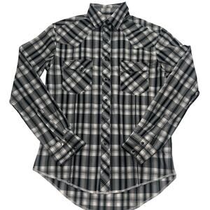 Wrangler Western Shirt Mens Size S Black White Plaid Snap Buttons Retro Cowboy